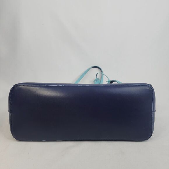 Kate Spade New York Navy Blue Leather Tote Bag Large Light Blue Trim Zip Top - Picture 13 of 15